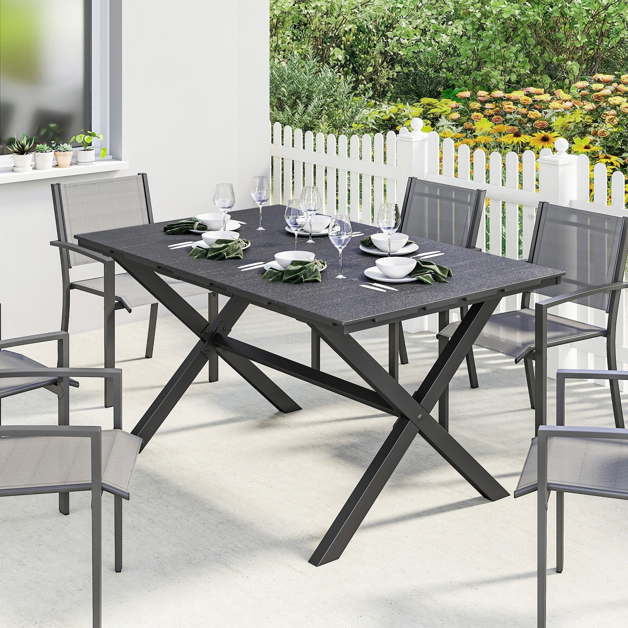 Outsunny Garden Dining Table for 6, Rectangular Outdoor Table with Wood Effect HDPE Top, X-Shaped Metal Legs, Black 