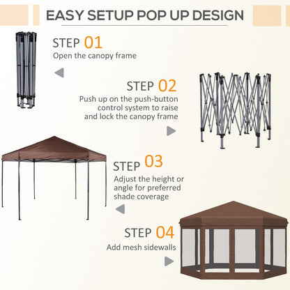 Outsunny 3.5m x 4m Hexagonal Pop Up Gazebo, Canopy Tent Sun Shelter for Patio Outdoor Party, Height Adjustable, with Mosquito Netting and Carry Bag - Brown 