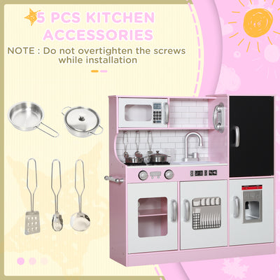 AIYAPLAY Pretend Play Kitchen, Kids Kitchen Playset w/ Toy Phone, Chalkboard, Microwave, Cooking Stove, Sink 