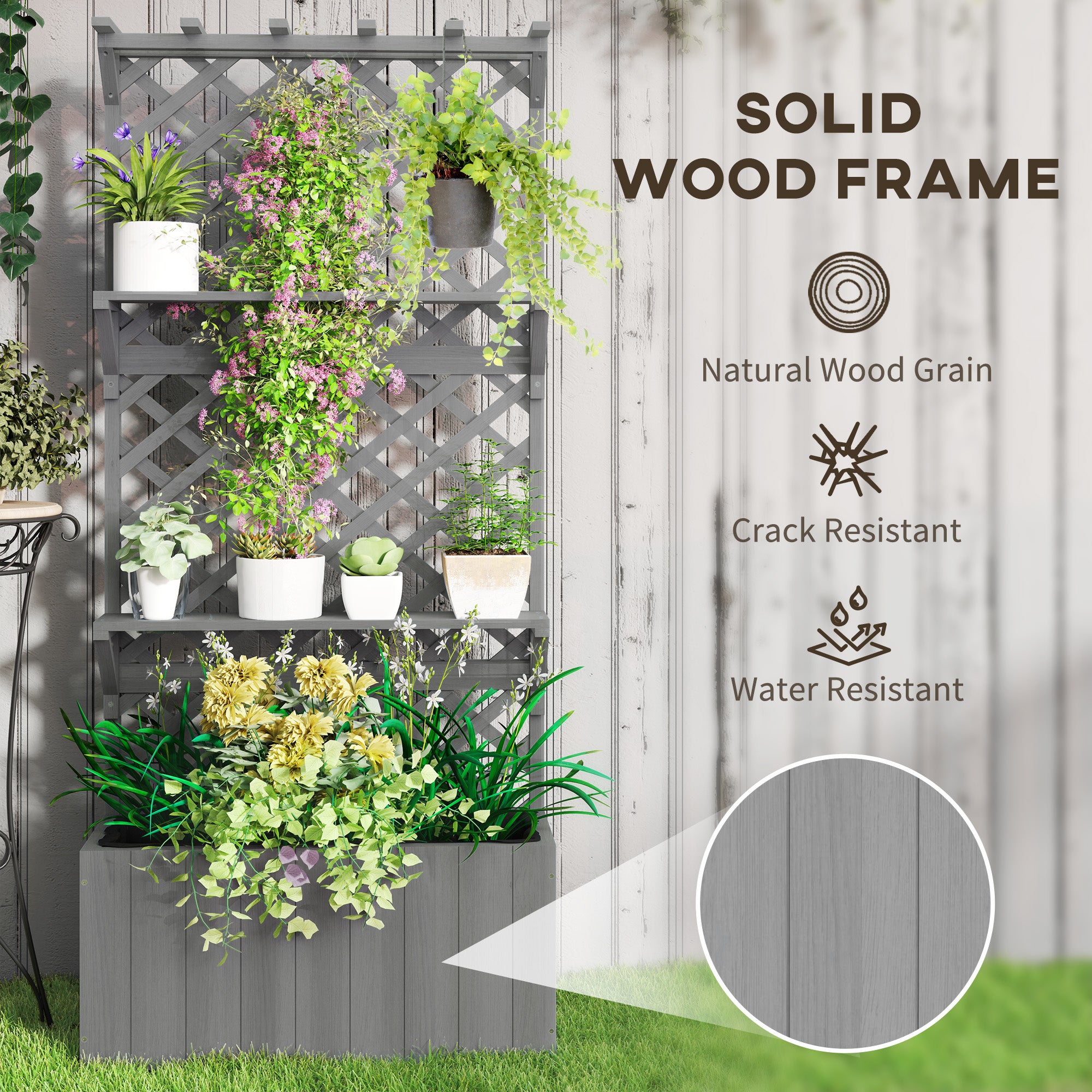 Outsunny 52L Wooden Planter, with Trellis and Shelves - Grey 