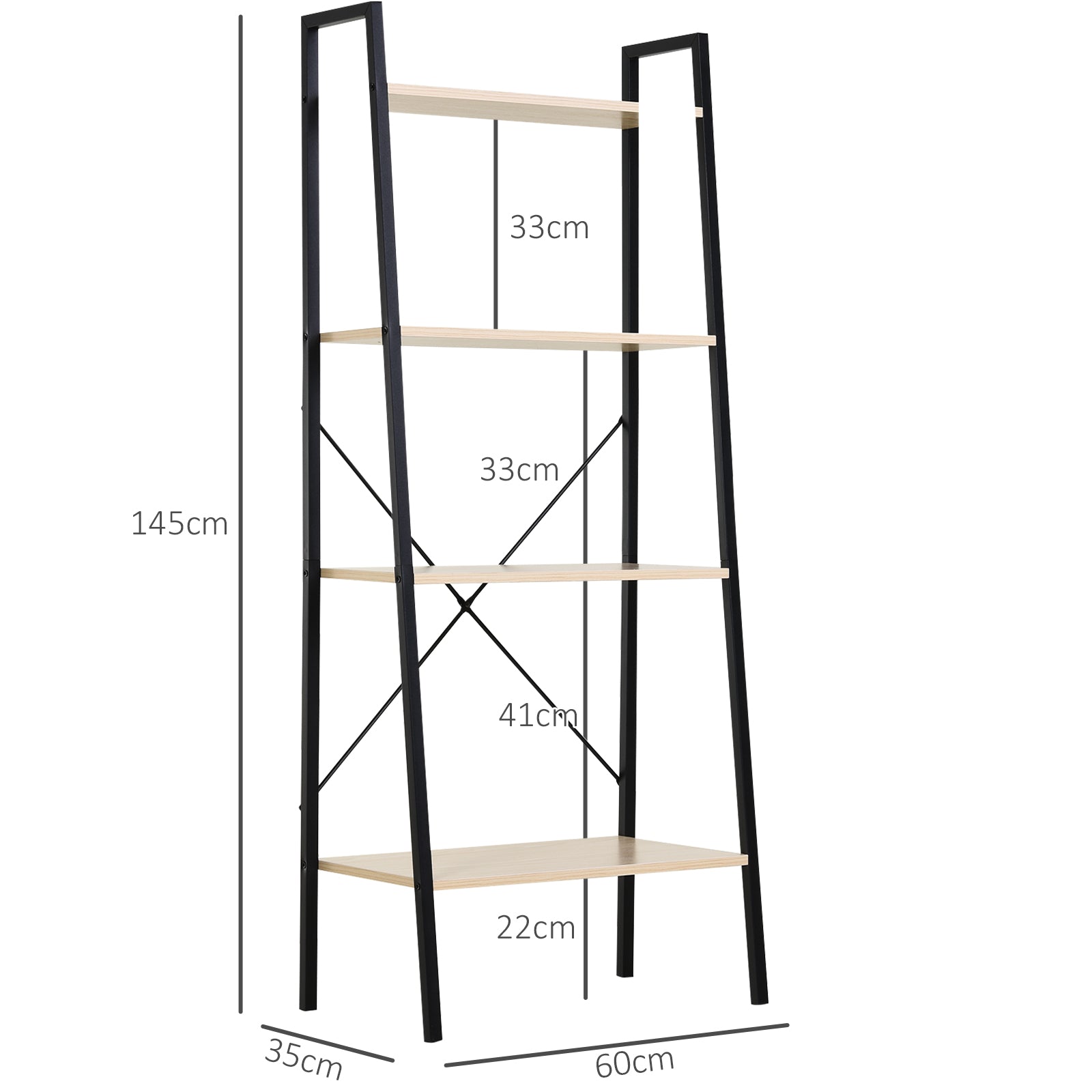 HOMCOM Bookcase 4-Tier Vintage Ladder Shelf with Wood Storage Rack, Stand Plants Display, Black and Natural 