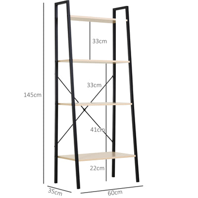 HOMCOM Bookcase 4-Tier Vintage Ladder Shelf with Wood Storage Rack, Stand Plants Display, Black and Natural 