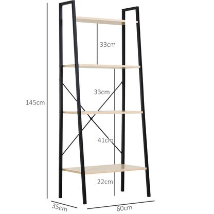 HOMCOM Bookcase 4-Tier Vintage Ladder Shelf with Wood Storage Rack, Stand Plants Display, Black and Natural 