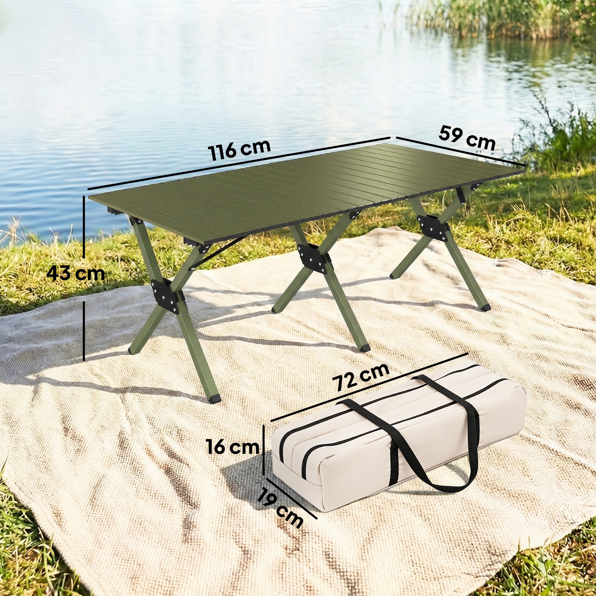 Outsunny 4ft Folding Camping Table, Waterproof Picnic Table with Roll Up Top and Metal Frame, Green 