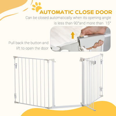 PawHut Pet Safety Gate, 3 Panels Playpen Fireplace, Metal Fence, Stair Barrier, Room Divider w/ Walk-Through Door - White 