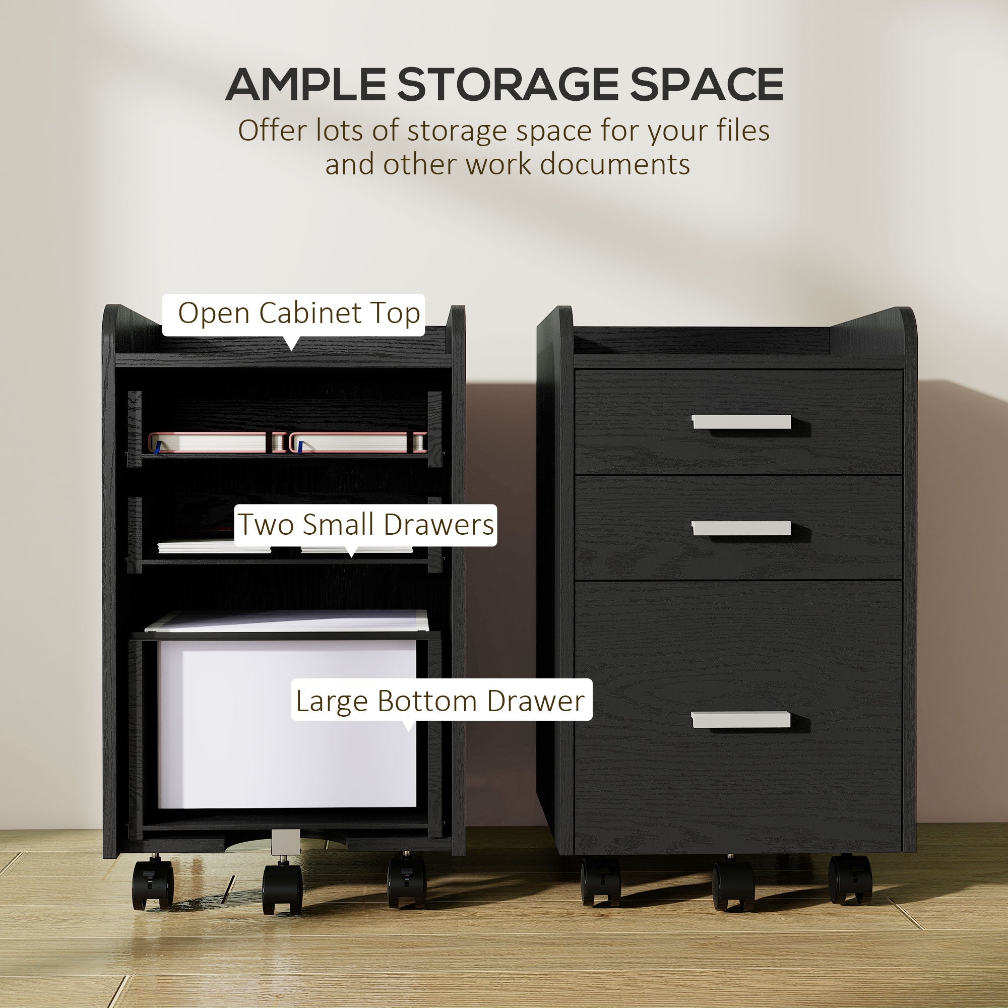 HOMCOM 3 Drawer Filing Cabinet, Rolling File Cabinet with Edged Top for Letter, A4 Size, Hanging File Folders, Black 