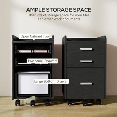 HOMCOM 3 Drawer Filing Cabinet, Rolling File Cabinet with Edged Top for Letter, A4 Size, Hanging File Folders, Black 