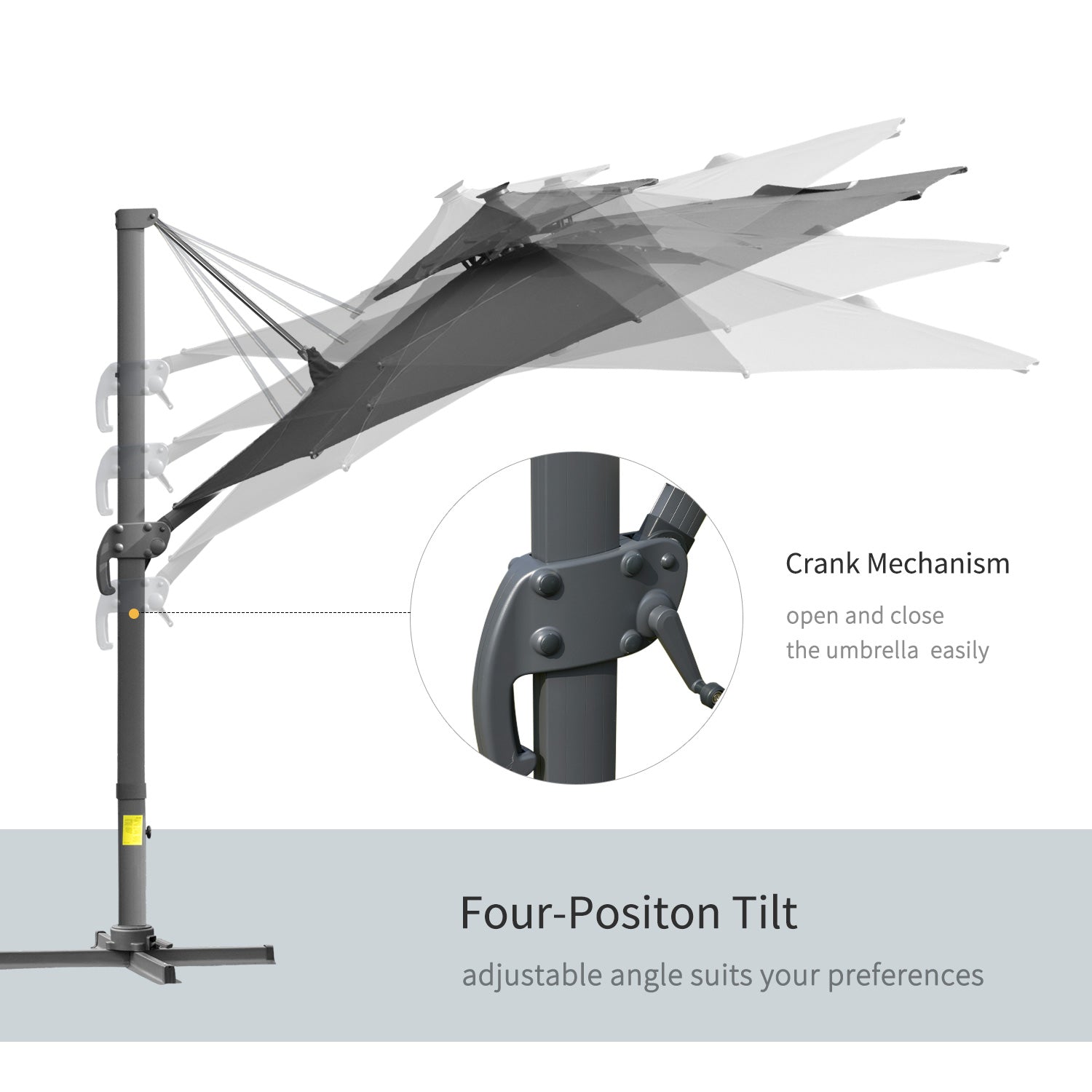 Outsunny 3m Cantilever Parasol w/ Solar Lights Power Bank Base 360° Spin Dark Grey 