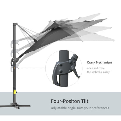 Outsunny 3m Cantilever Parasol w/ Solar Lights Power Bank Base 360° Spin Dark Grey 
