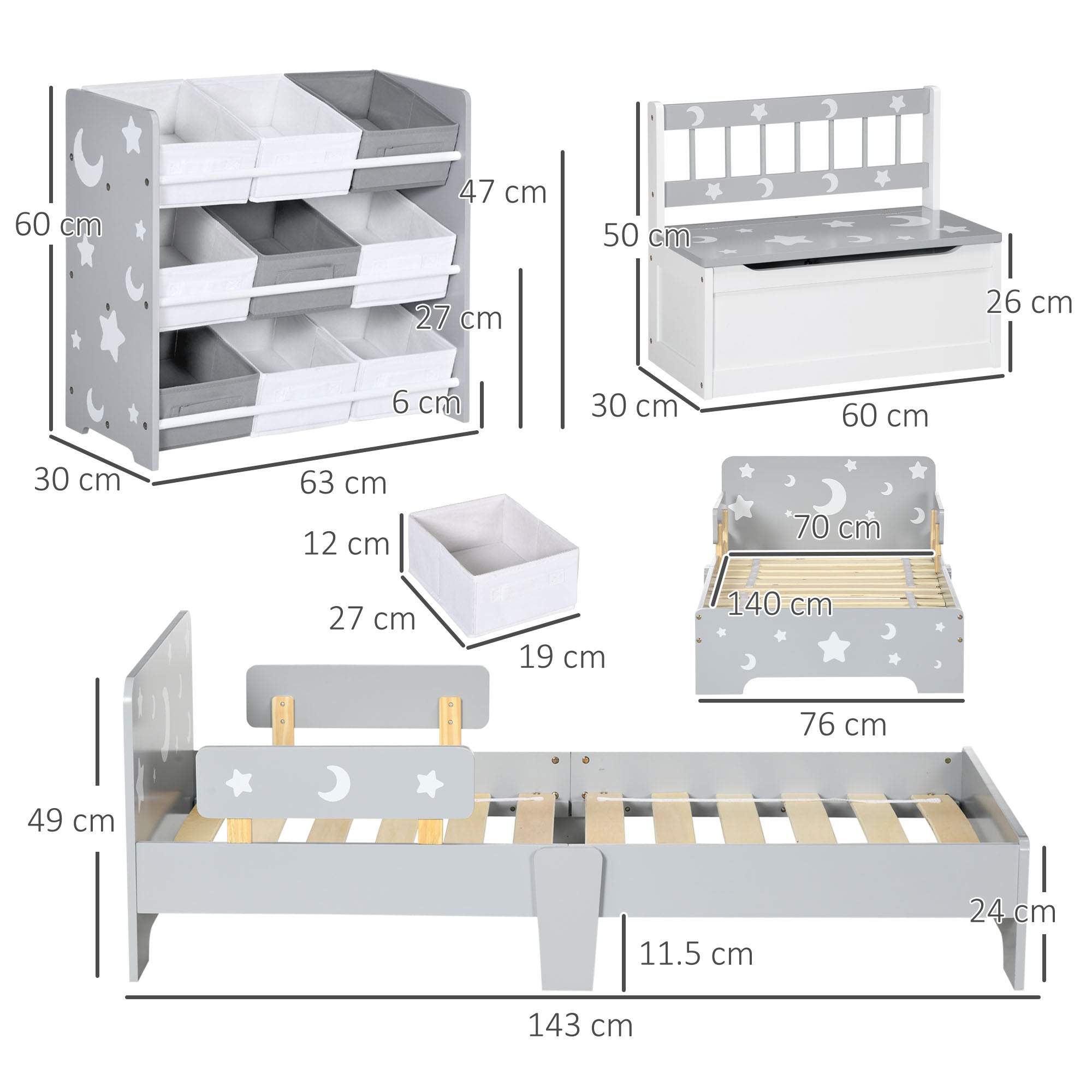 ZONEKIZ 3PCs Kids Furniture Bedroom Set with Bed, Toy Box Bench, Storage Unit with Baskets, Star and Moon Patterns, for 3-6 Years Old Boys Girls, Grey 