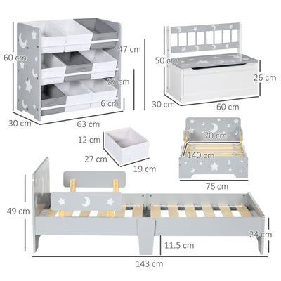 ZONEKIZ 3PCs Kids Furniture Bedroom Set with Bed, Toy Box Bench, Storage Unit with Baskets, Star and Moon Patterns, for 3-6 Years Old Boys Girls, Grey 
