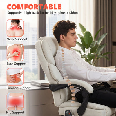 HOMCOM Office Chair with 6-point Vibration Massage and Heat, Fabric Desk Chair with Footrest, High Back, Cream White 