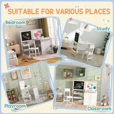 AIYAPLAY 3 in 1 Kids Table and Chair Set with Storage, Whiteboard, Blackboard & Roll Paper for 3-8 Years, White 