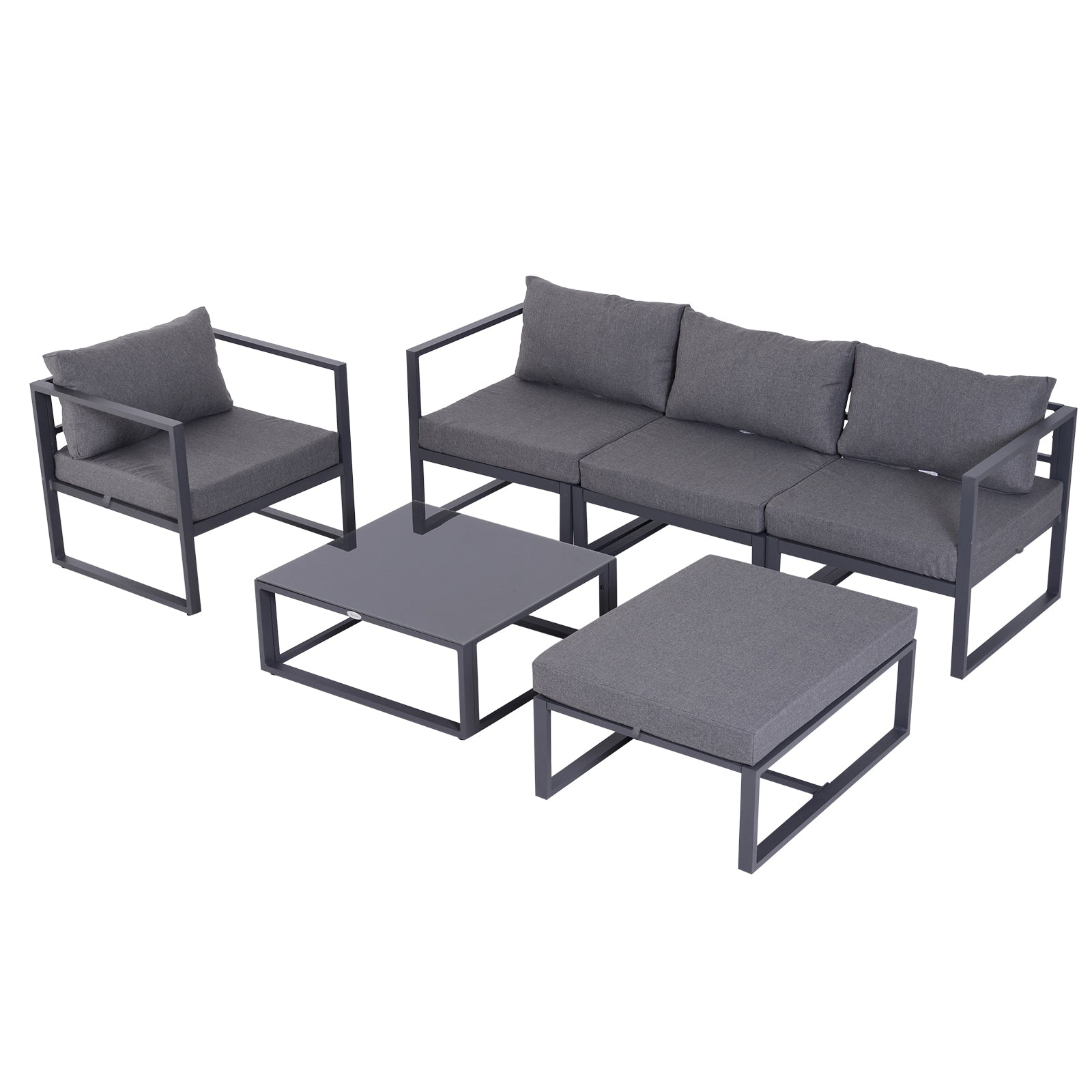 Outsunny 6 PCs Outdoor Indoor Sectional Sofa Set Thick Padded Cushions Aluminium Frame 5 Seaters 1 Coffee Table Footrest Grey 