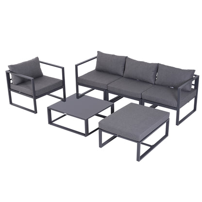Outsunny 6 PCs Outdoor Indoor Sectional Sofa Set Thick Padded Cushions Aluminium Frame 5 Seaters 1 Coffee Table Footrest Grey 