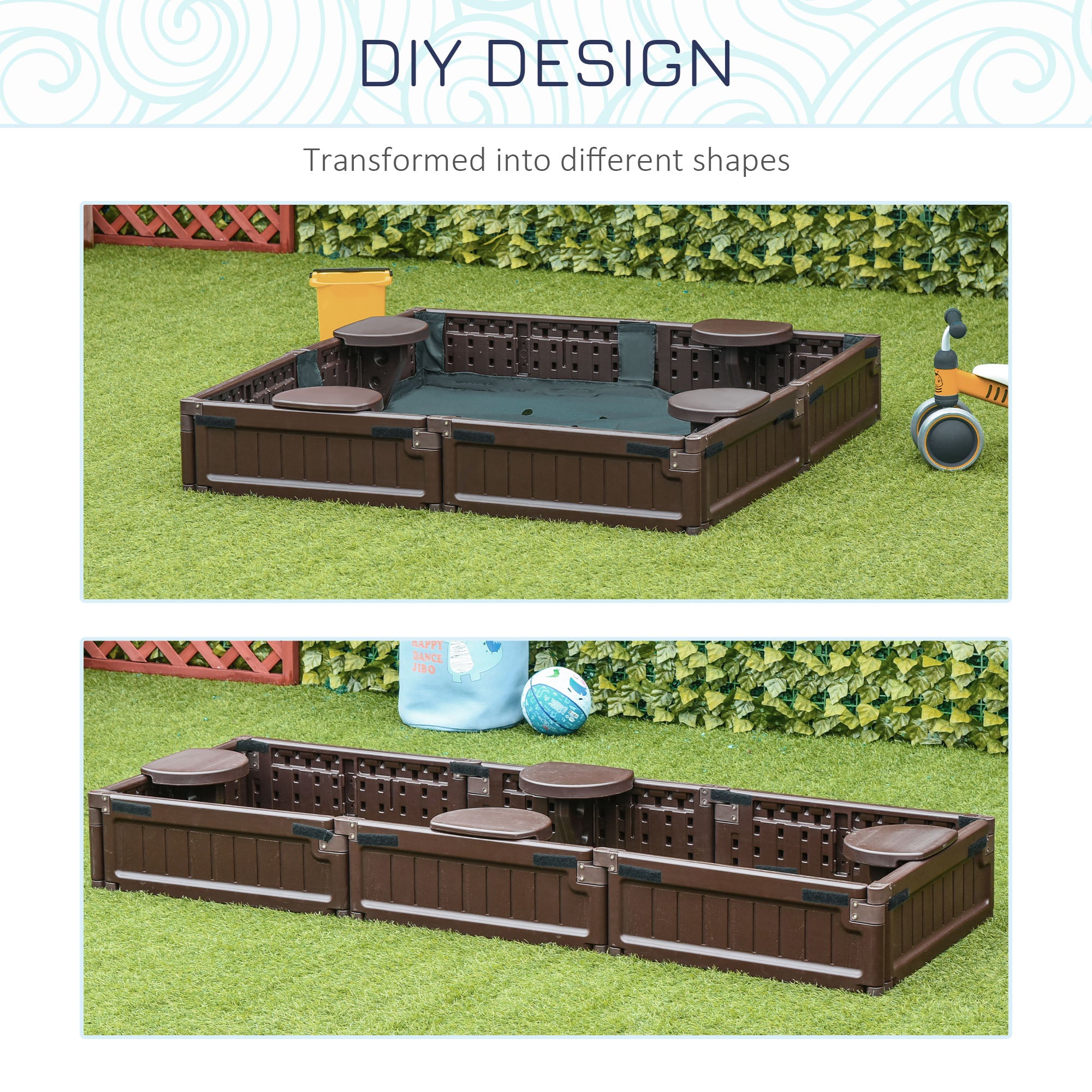 Outsunny Sand Pit Children's Plastic Sandpit w/ Water-Resistant Oxford Cover Bottom Fabric Liner kid Playset for 3-12 years old, Garden, Outdoor - (Brown) 