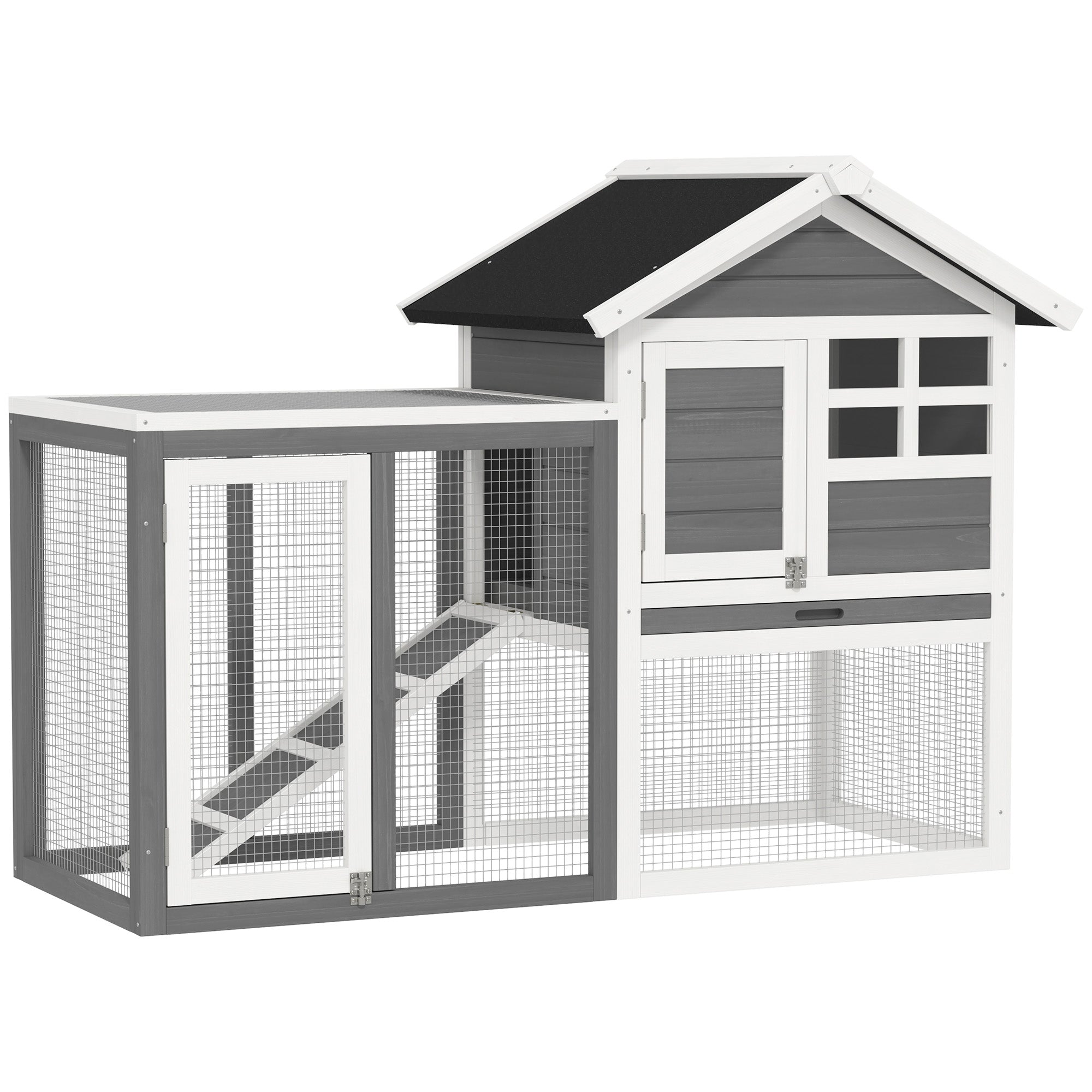 PawHut Rabbit Hutch Outdoor Wooden Guinea Pig Hutch Rabbit Run Bunny Cage Small Animal House Pull-Out Tray, Grey, 122 x 62.6 x 92 cm 