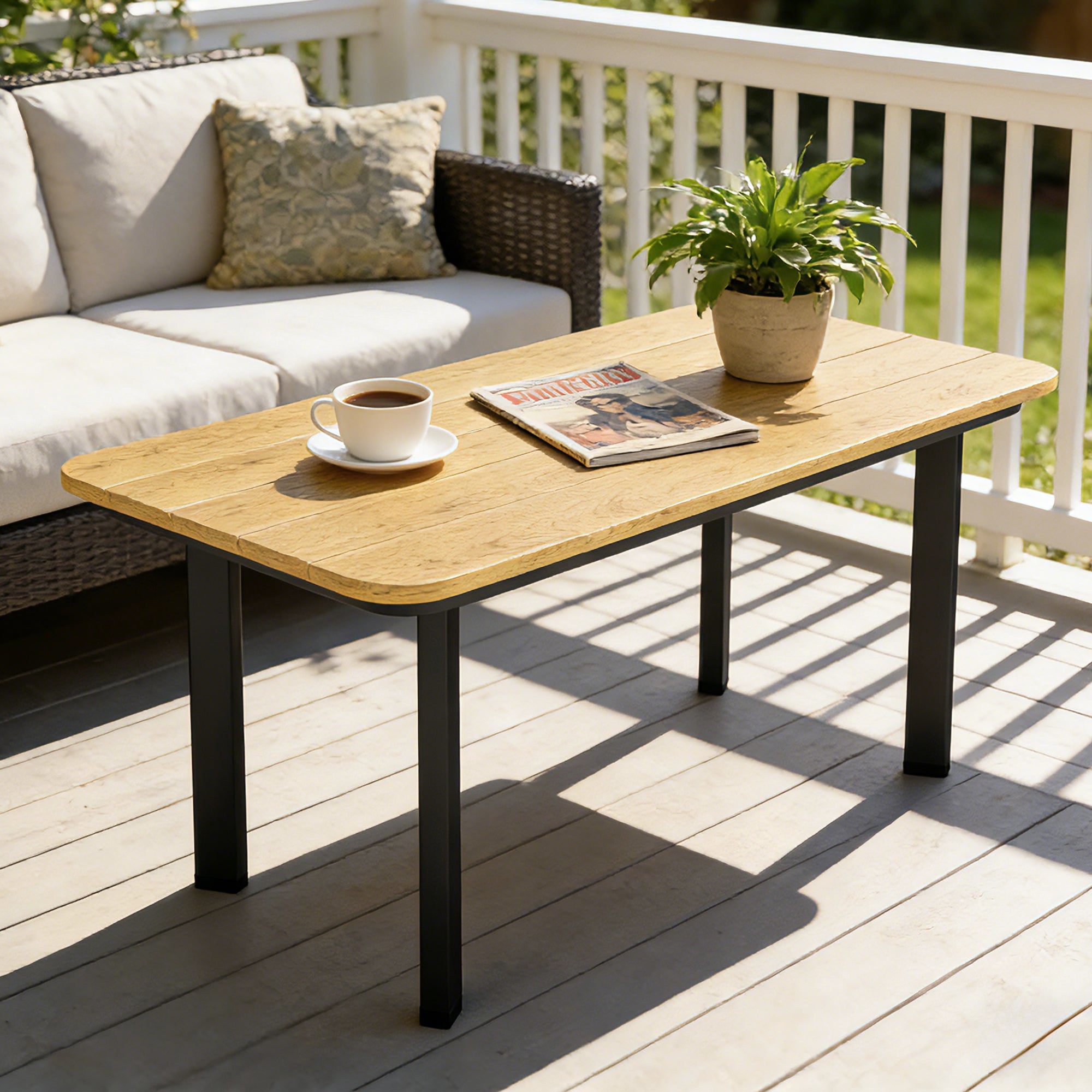 Outsunny Outdoor Garden Coffee Table, Garden Table with Slatted Wood Plastic Composite Top and Metal Frame, Brown 