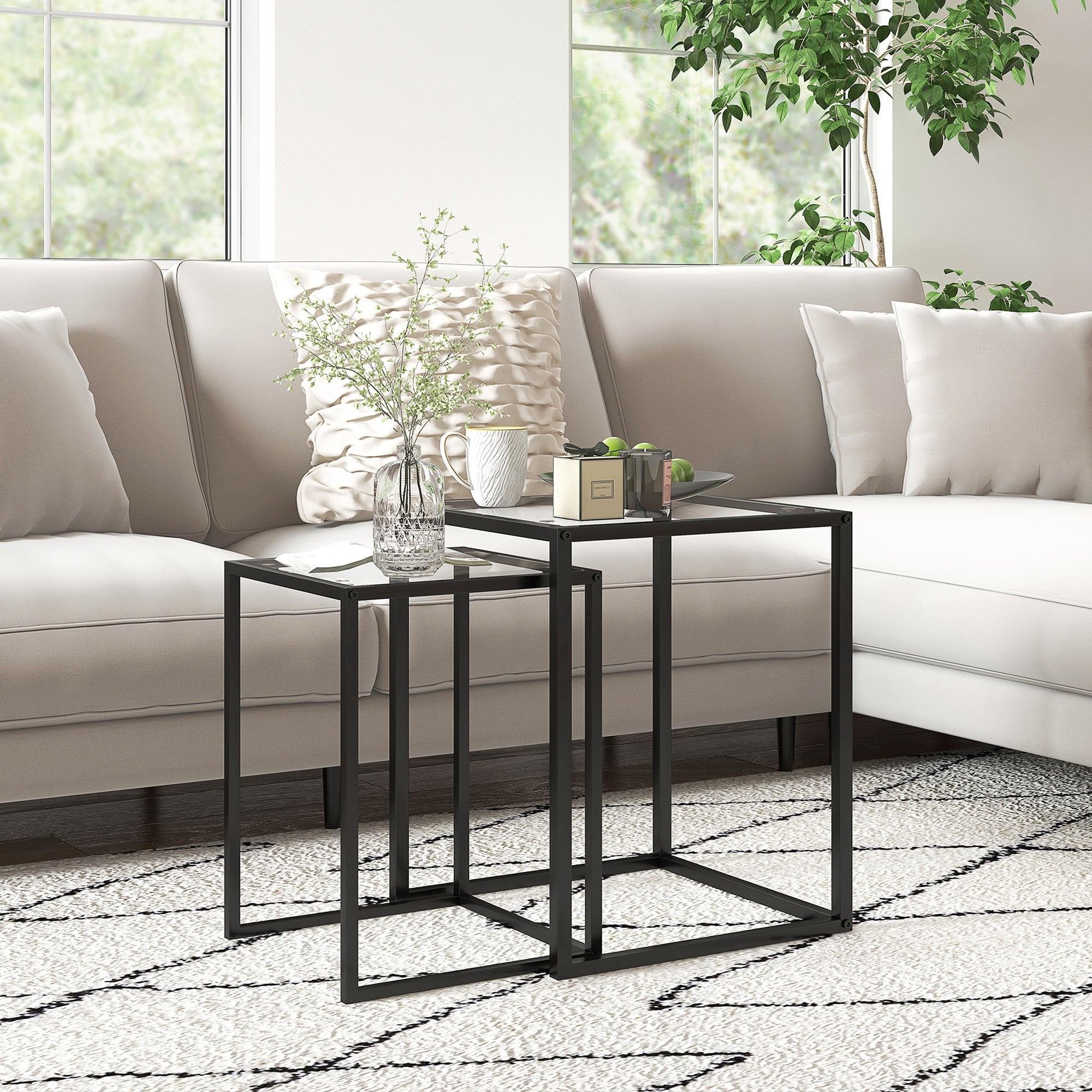 HOMCOM Nesting Tables Set of 2, Side End Table with Tempered Glass Top and Steel Frame for Living Room, Bedroom, Black 