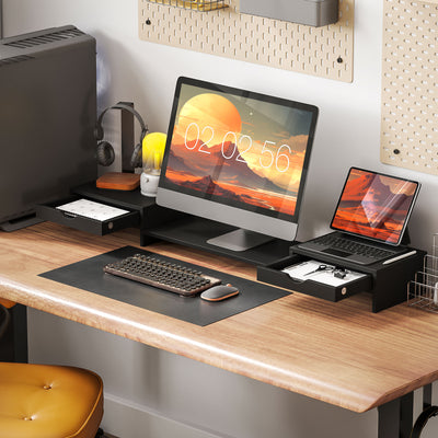 HOMCOM Dual Monitor Stand Riser with 2 Drawers, Adjustable Length and Angle, 116cm Monitor Riser for Laptop, Computer, PC, Small Printer, Black 