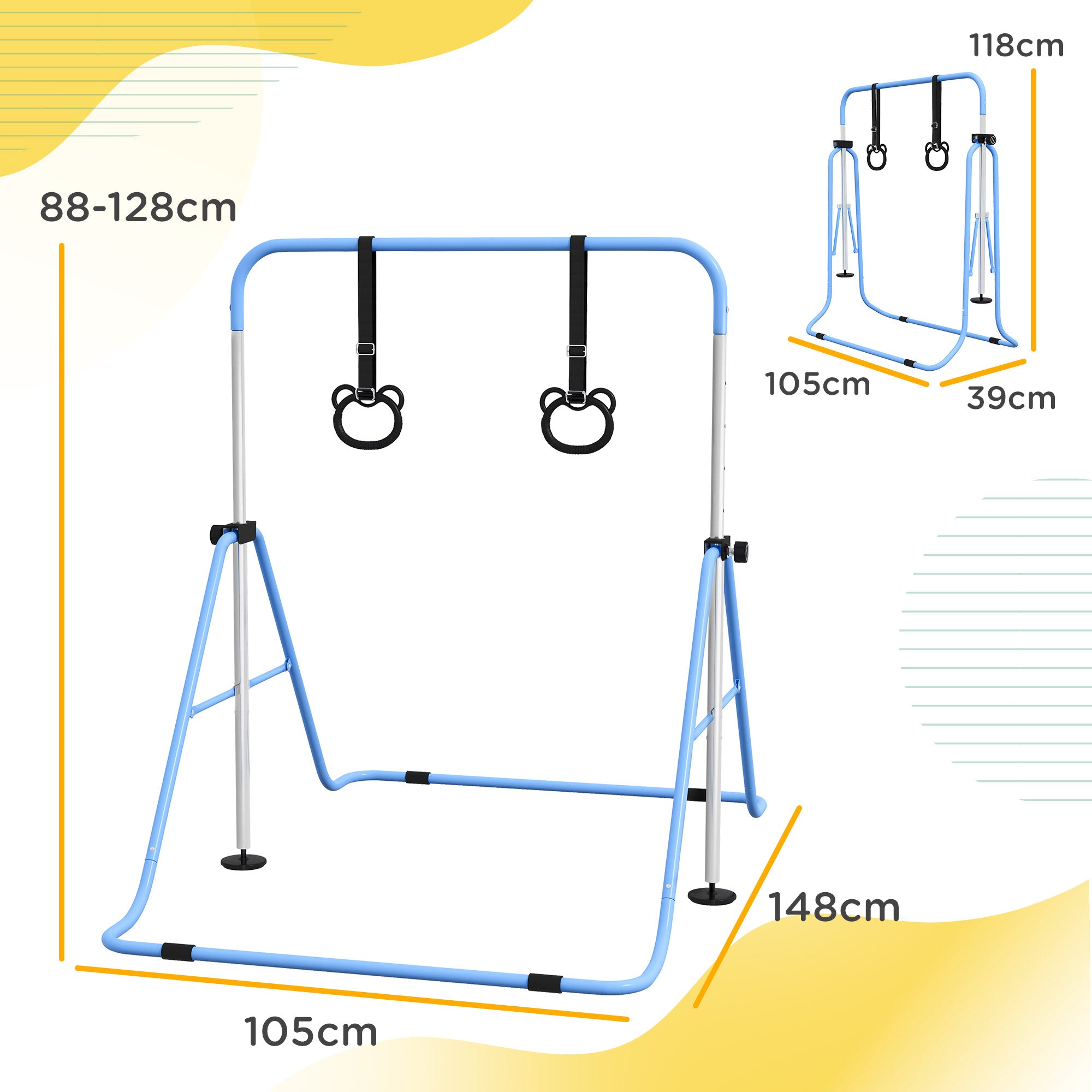 HOMCOM Adjustable Height, Foldable Kids Gymnastics Bar w/ Non-Slip Mats, for 3+ Years, Blue 