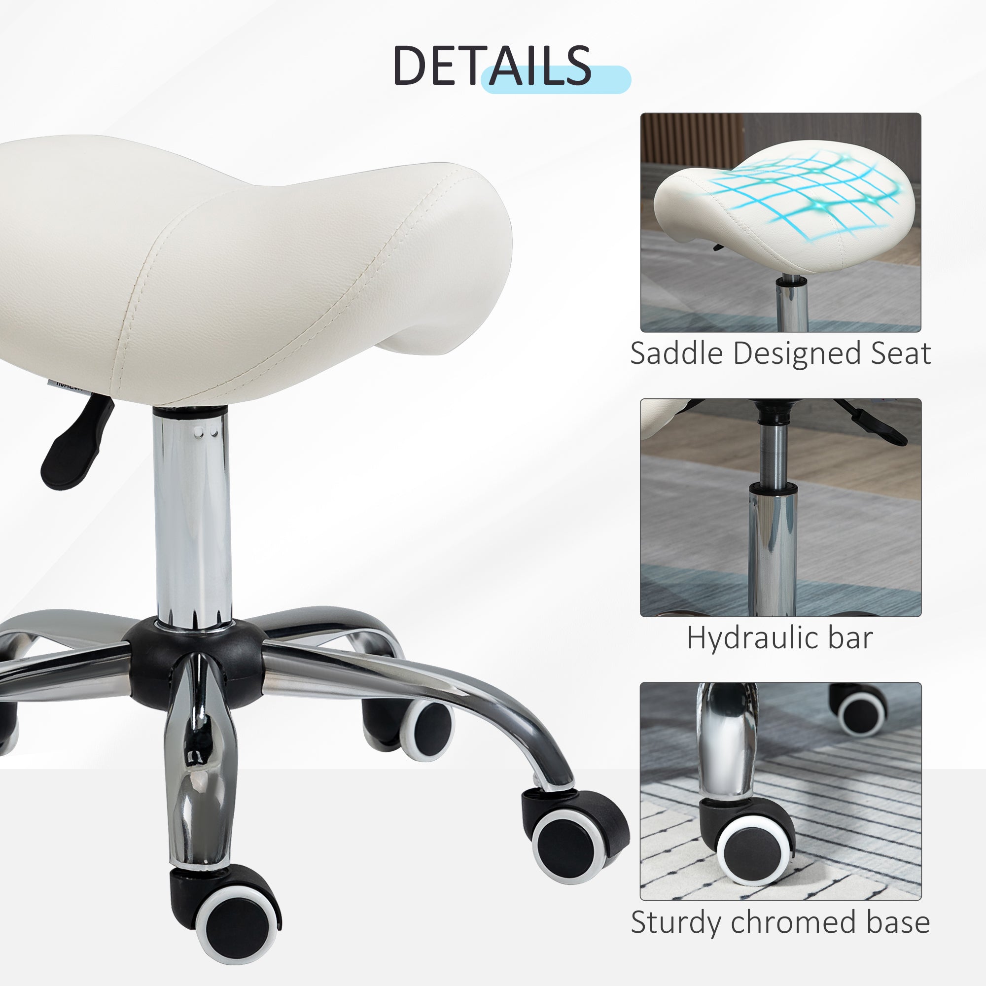 HOMCOM Cosmetic Stool 360\'c2\'b0 Rotate Height Adjustable Salon Massage Spa Chair Hydraulic Rolling Faux Leather Saddle Stool, Cream