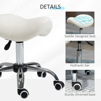 HOMCOM Cosmetic Stool 360\'c2\'b0 Rotate Height Adjustable Salon Massage Spa Chair Hydraulic Rolling Faux Leather Saddle Stool, Cream 