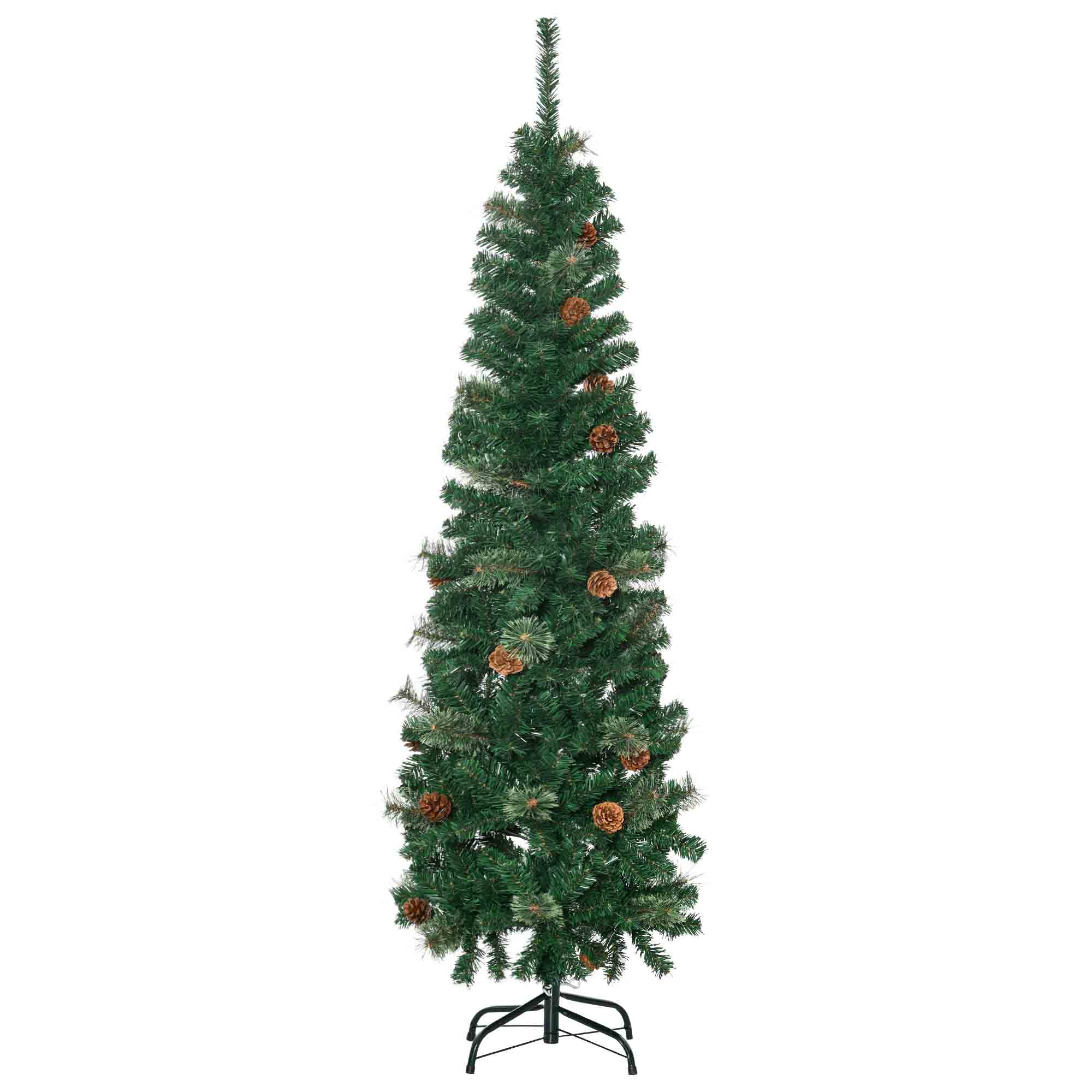 HOMCOM 5.5FT Tall\'c2\'a0Pencil Slim Artificial Christmas Tree with\'c2\'a0Realistic\'c2\'a0Branches, Tip Count and Pine Cones, Pine Needles Tree, Xmas\'c2\'a0Decoration, Green