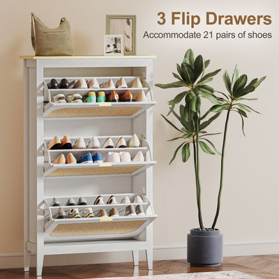 HOMCOM Narrow Shoe Cabinet, Boho Slim Shoe Storage Cabinet with 3 Flip Drawers, Holds 21 Pairs, White