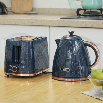 HOMCOM 1.7L 3000W Fast Boil Kettle & 2 Slice Toaster Set, Kettle and Toaster Set with Auto Shut Off, Browning Controls, Blue 