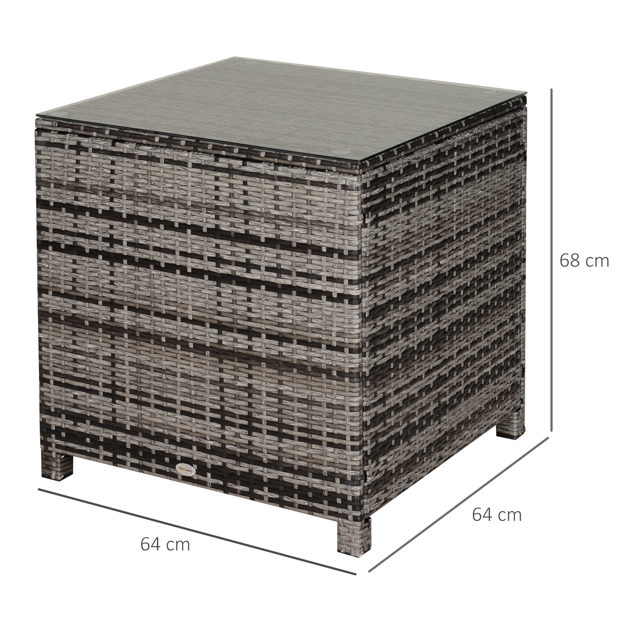 Outsunny Square PE Rattan Garden Table, with Glass Table Top - Grey 