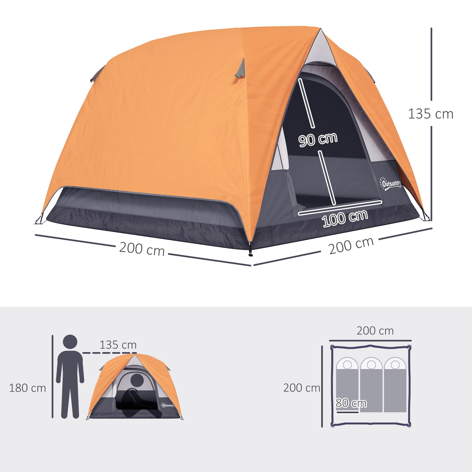 Outsunny 3-4 Person Camping Tent, Easy Set Up Waterproof Dome Tent with Sewn-in Groundsheet, Mesh Windows, Pocket and Hook for Camping, Hiking, Backpacking, Orange and Grey 