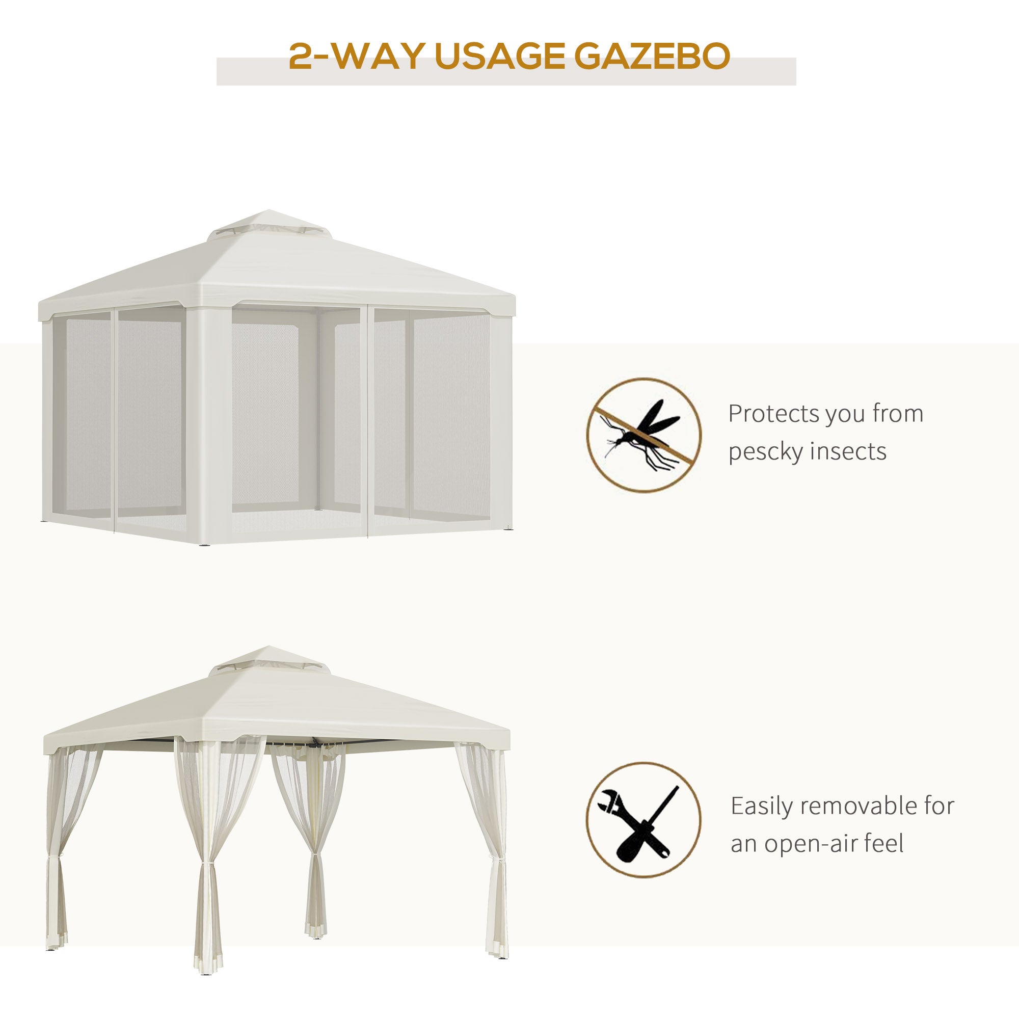 Outsunny 3 x 3 m Metal Gazebo, Garden Pavillion, Double Roof Outdoor Canopy Shelter with Mesh Sidewalls, Cream White 