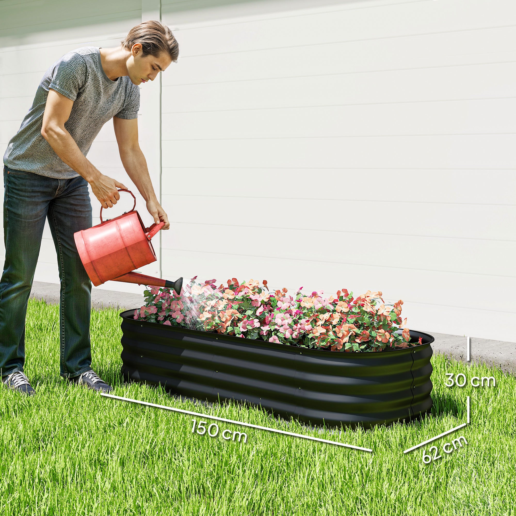Outsunny Galvanised Raised Garden Bed, Metal Planter Box with Safety Edging, for Flowers, Herbs, Succulents, Black 