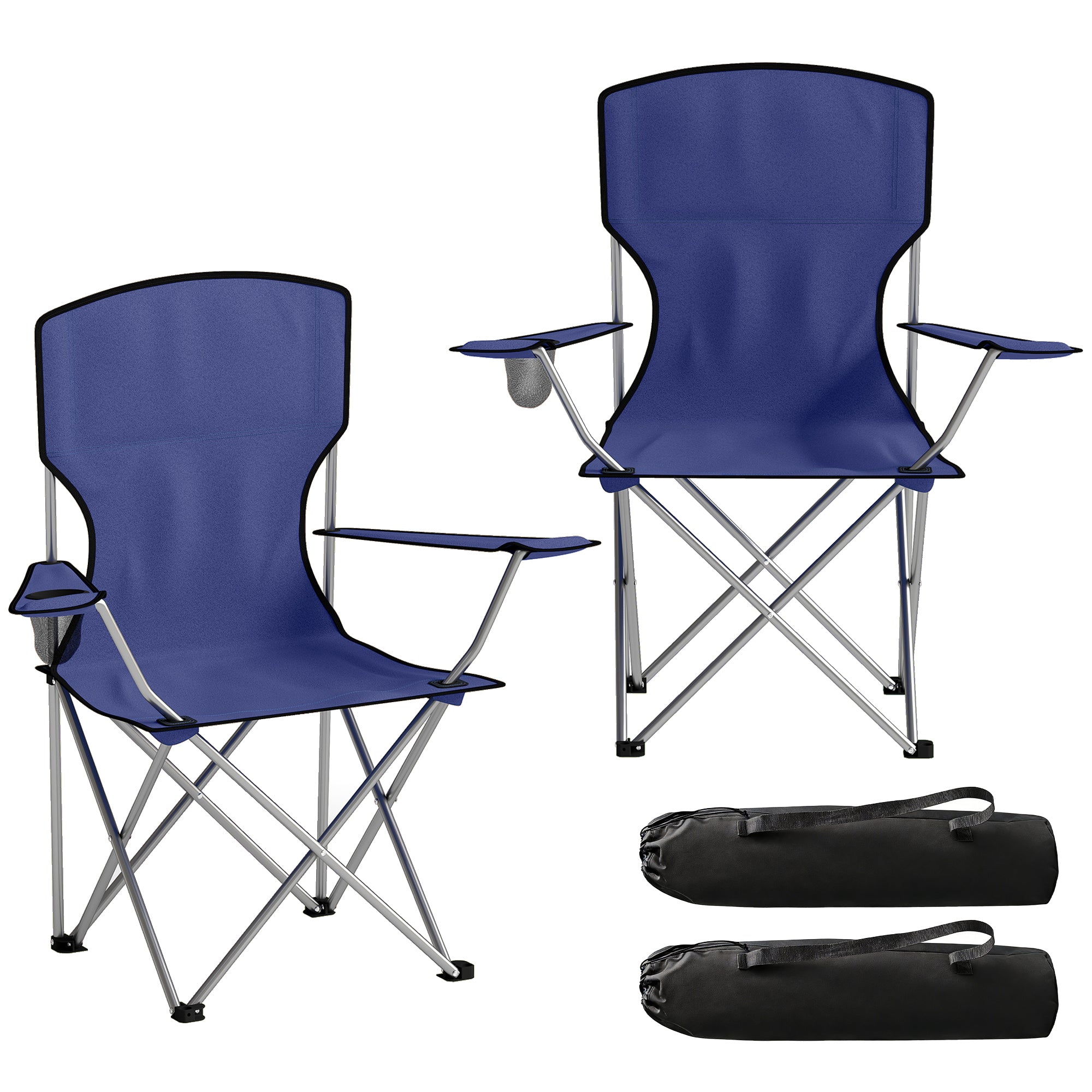 Outsunny Camping Chair Set of 2 Portable Folding Outdoor Camp Chair with Cup Holders and Carry Bag Dark Blue 