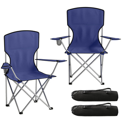Outsunny Camping Chair Set of 2 Portable Folding Outdoor Camp Chair with Cup Holders and Carry Bag Dark Blue 