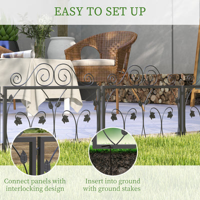 Outsunny Set of Four 57cm Leaf Scroll Metal Fence Panels - Black 