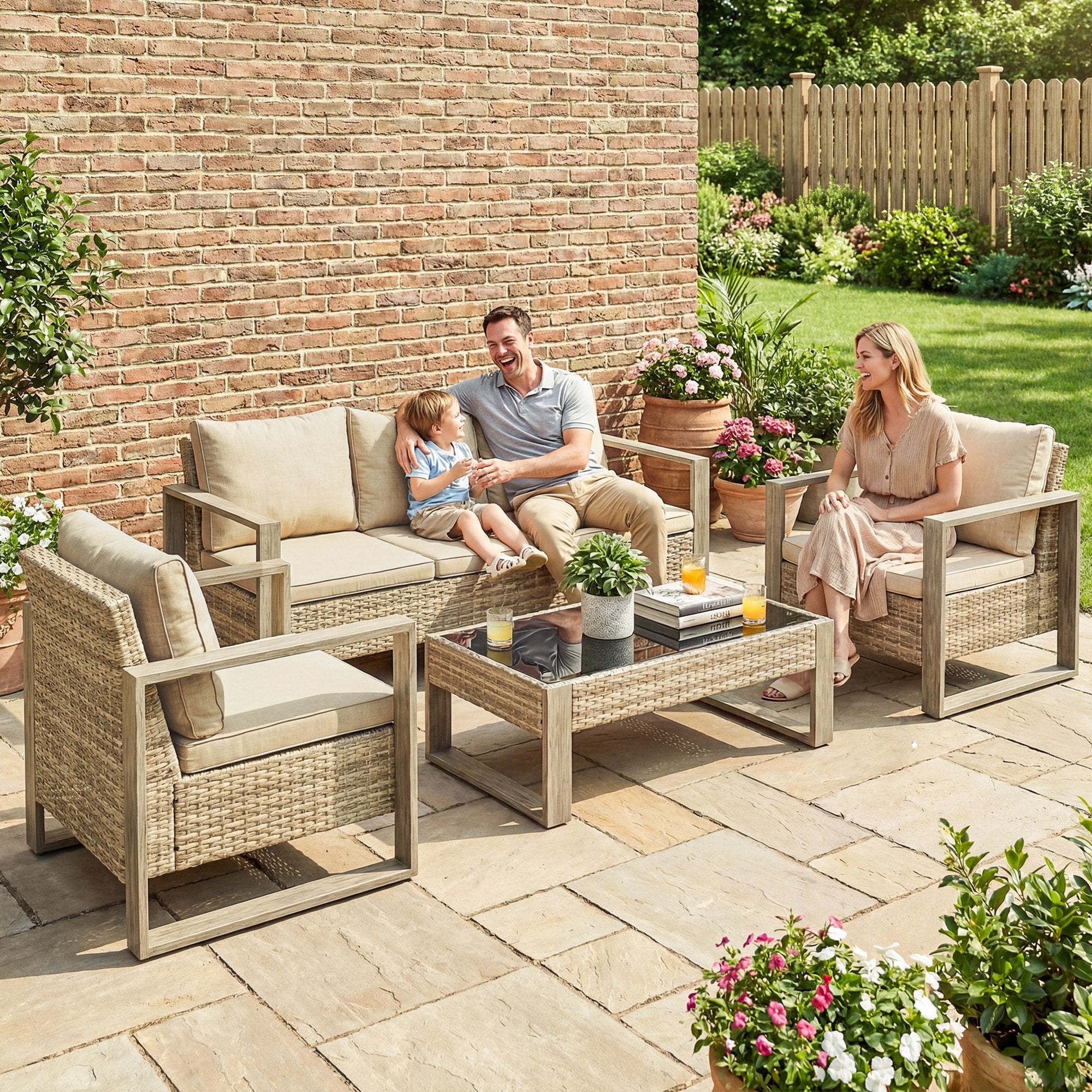 Outsunny 4 Piece Rattan Garden Furniture Set with 3-Seater Sofa, Armchairs, Table, Aluminium Frame Patio Conversation Set, Khaki 
