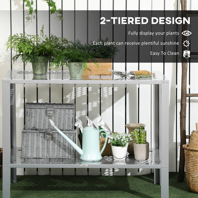 Outsunny 2-Tier Plant Stand, Corner Plant Shelf for Outdoor and Indoor Storage Organizer, Freestanding Flower Rack with Steel Frame, Mesh Board, Silver 