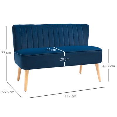 HOMCOM Modern Velvet Double Seat Sofa w/ Wood Frame Foam Padding High Back Soft Comfortable Compact Couch Blue 