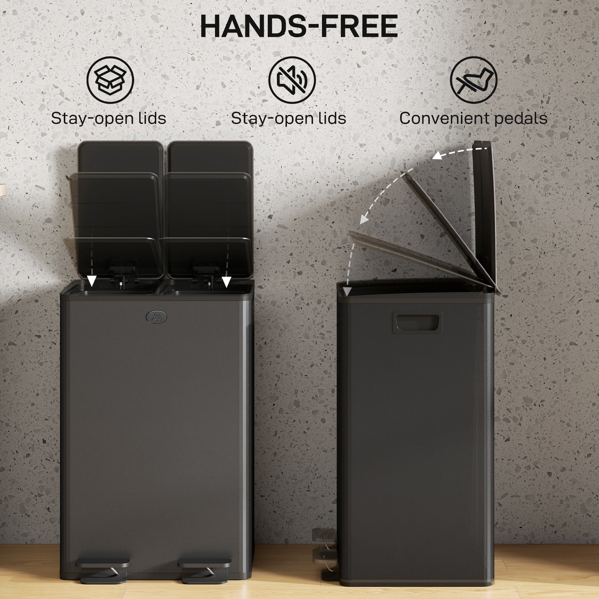 HOMCOM 56L Dual Compartment Stainless Steel Bin, with Deodoriser Holders - Black 