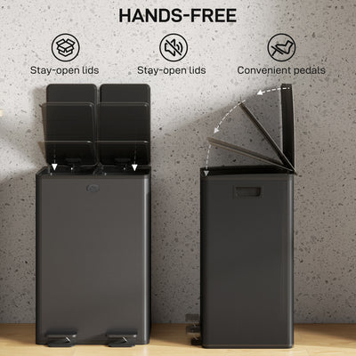 HOMCOM 56L Dual Compartment Stainless Steel Bin, with Deodoriser Holders - Black 
