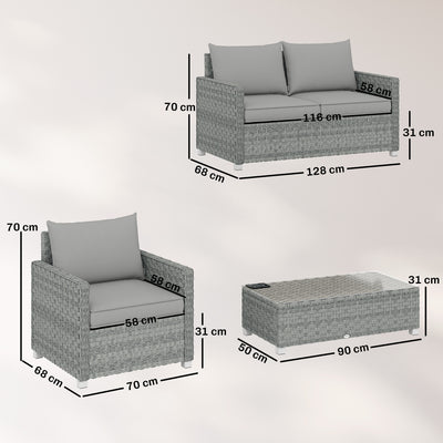 Outsunny 4 Piece Rattan Garden Furniture Set with Loveseat, 2 Armchairs, Glass-Top Table, Wicker Patio Conversation Set, Grey 
