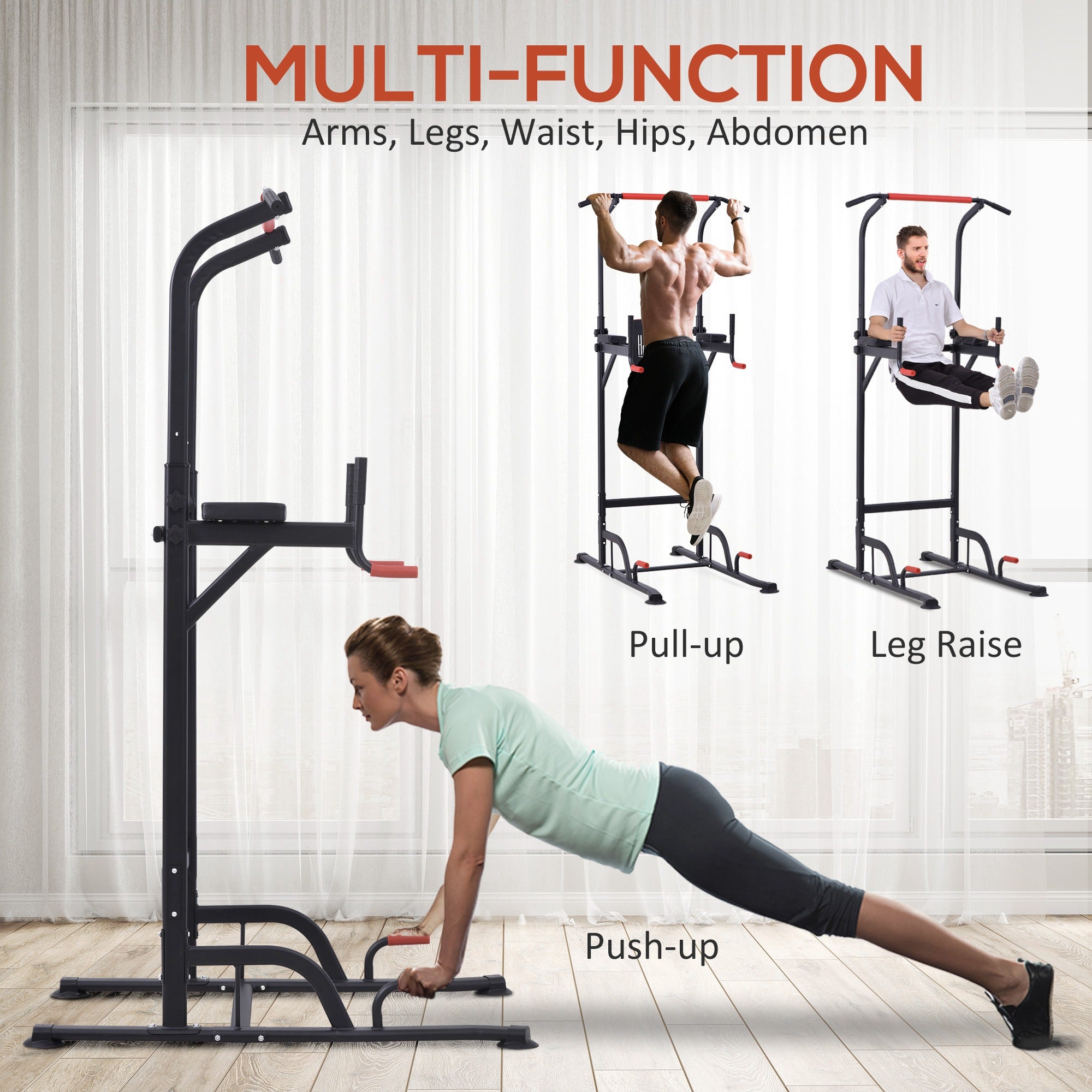 HOMCOM Power Tower Station with Dip Stand, Pull Up Bar Home Office Gym Training Workout Equipment 