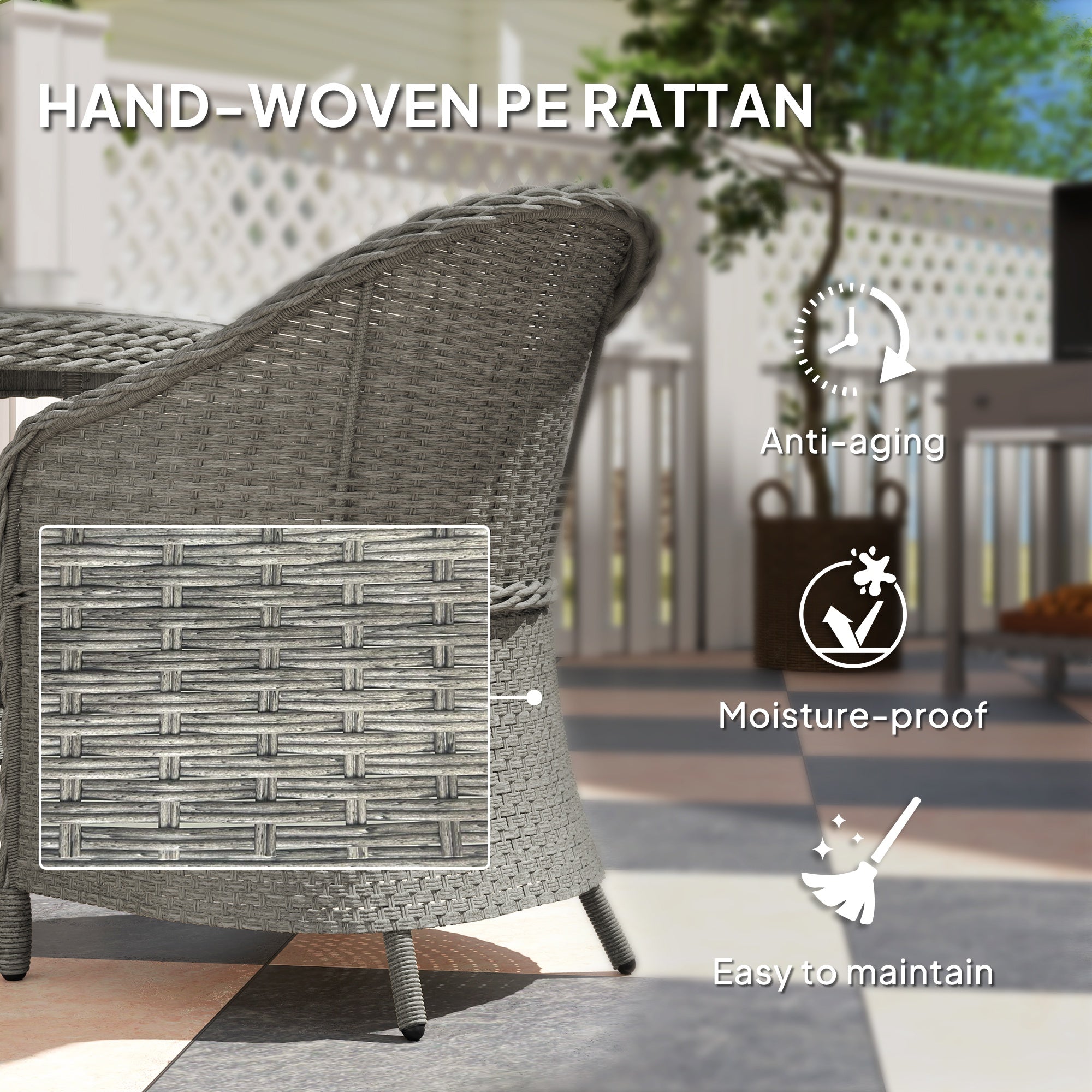 Outsunny 4 Seater Rattan Garden Furniture Set with Cushions, Round PE Rattan Dining Set with Glass-Top Table, Umbrella Hole, Outdoor Garden Table and Chairs, Grey 