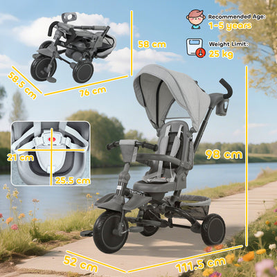 AIYAPLAY 6 in 1 Foldable Kids Trike with Adjustable Parent Handle & Canopy for Ages 1-5, Grey 