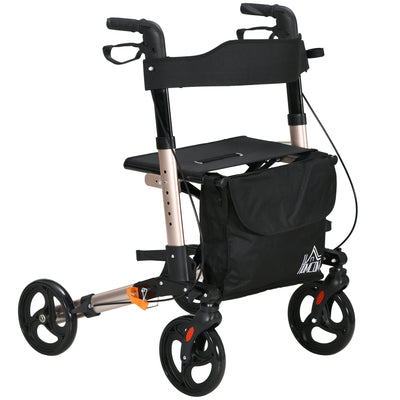 HOMCOM 4 Wheel Rollator with Seat and Back, Folding Mobility Walker with Carry Bag, Adjustable Height, Dual Brakes, Cane Holder, Lightweight Aluminium Walking Frame for Seniors and Disabled, Gold Tone 