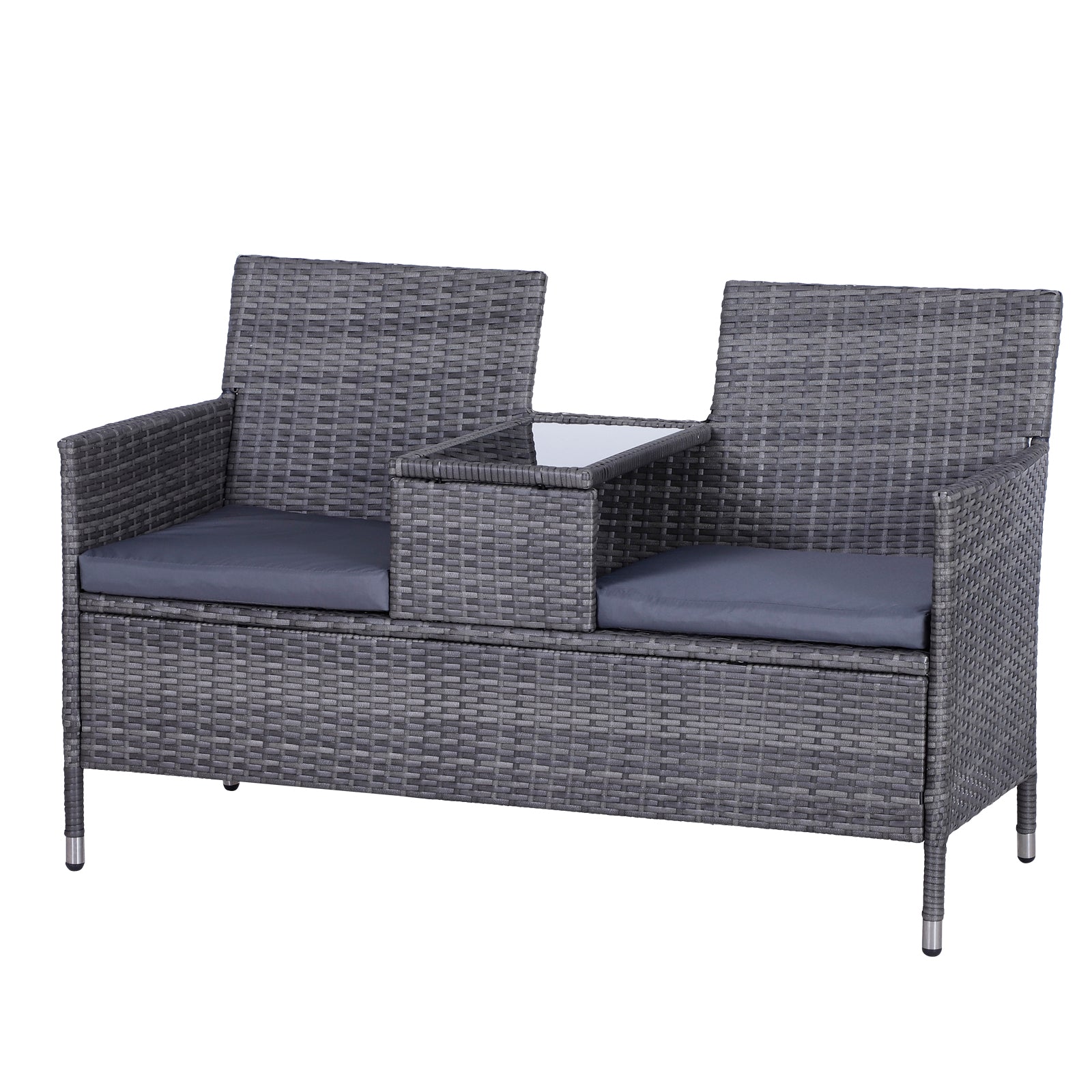 Outsunny 2-Seater PE Rattan Outdoor Garden Bench w/ Centre Table Grey 