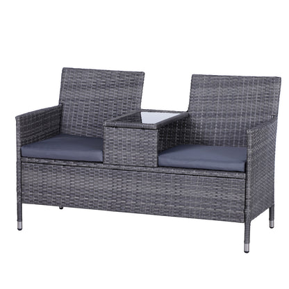 Outsunny 2-Seater PE Rattan Outdoor Garden Bench w/ Centre Table Grey 