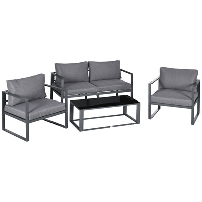 Outsunny 4 Pieces Garden Sofa Set 2 Single Armchair 1 Bench & Side Table Set Aluminium Frame Patio Furniture with Cushions Grey 